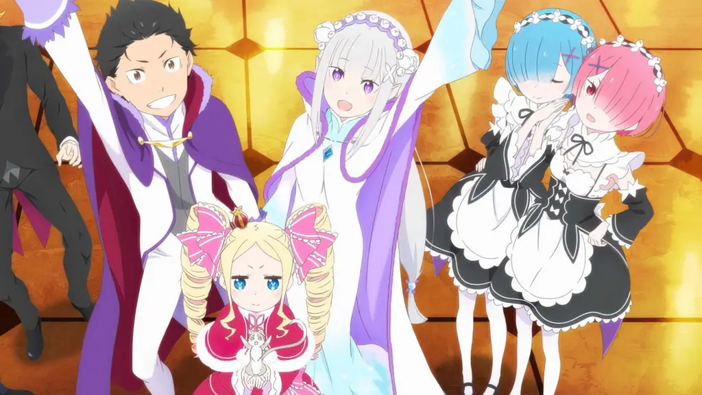 Potret Subaru dan Emilia dalam anime Re:Zero Gambar utama Re:Zero menampilkan Subaru dan Emilia