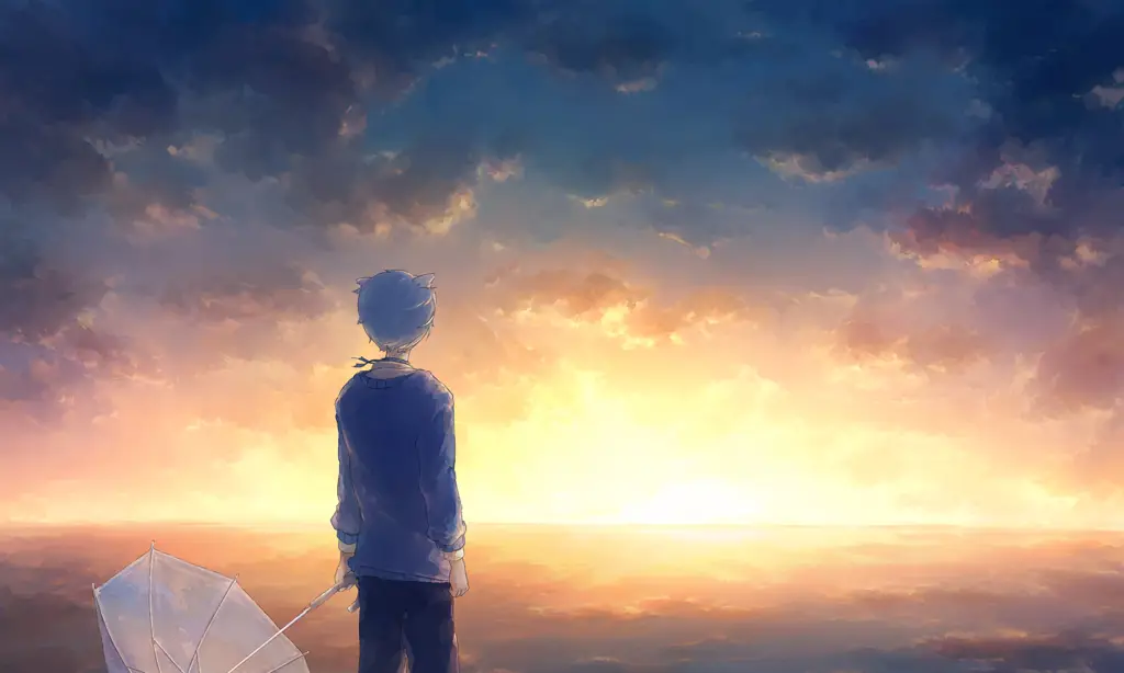 Menikmati Anime saat Menunggu Berbuka Karakter anime menyaksikan matahari terbenam